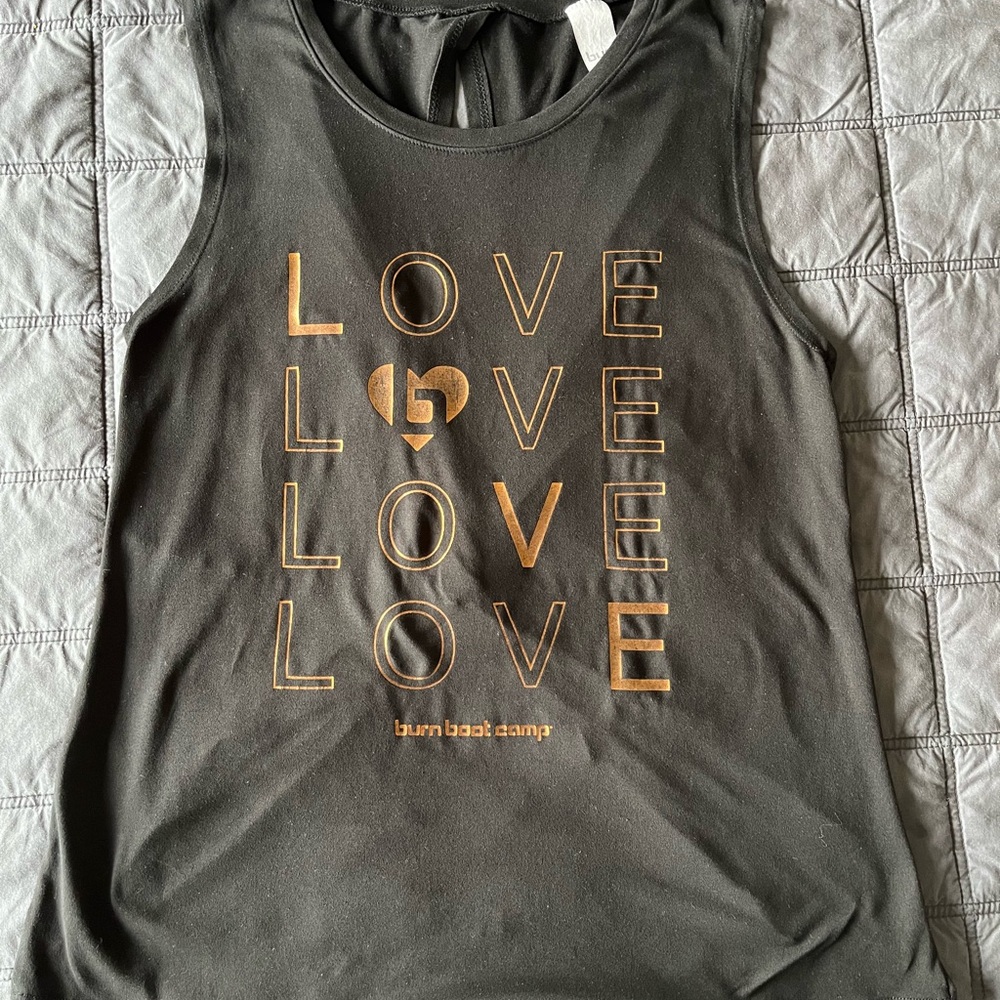 Burn Boot Camp Women's Black Tank Top with Gold 'LOVE' Print and twist back